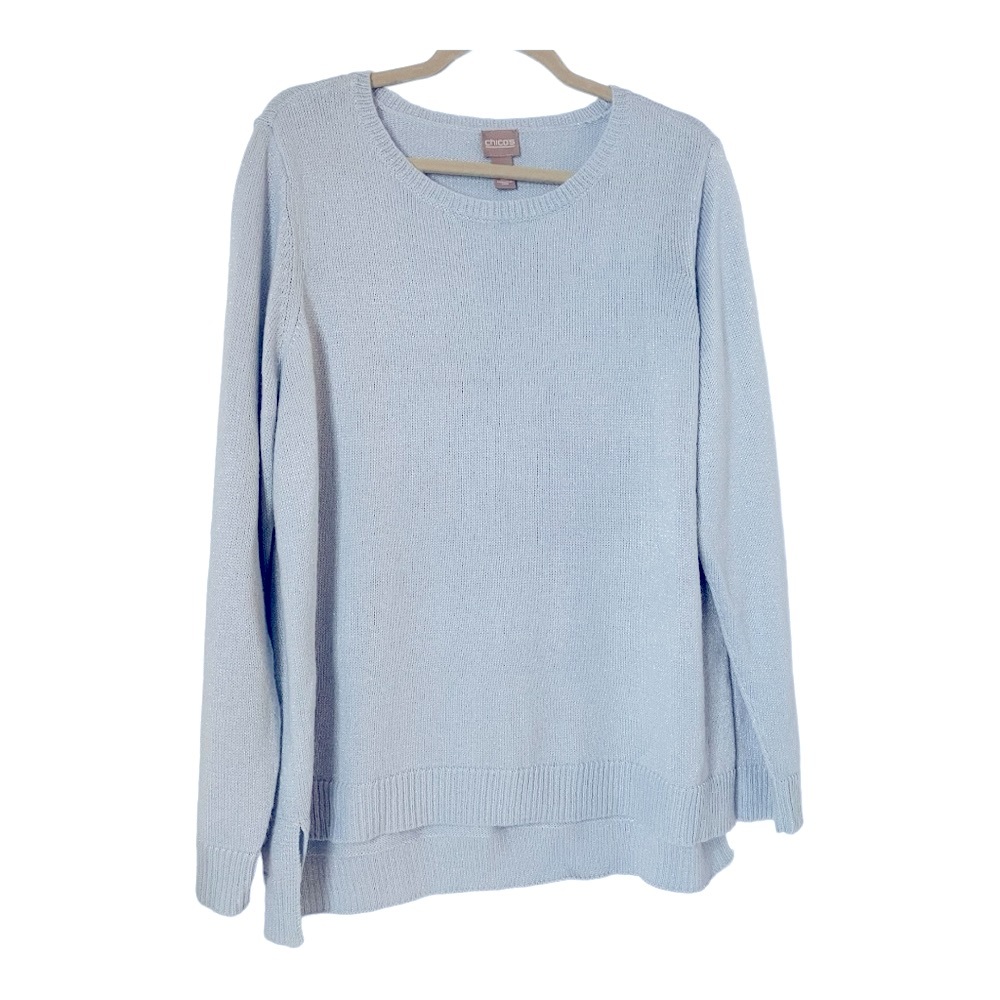 Chico's Light Blue w/Silver Metallic Sweater Pullover Long Sleeve Size 3